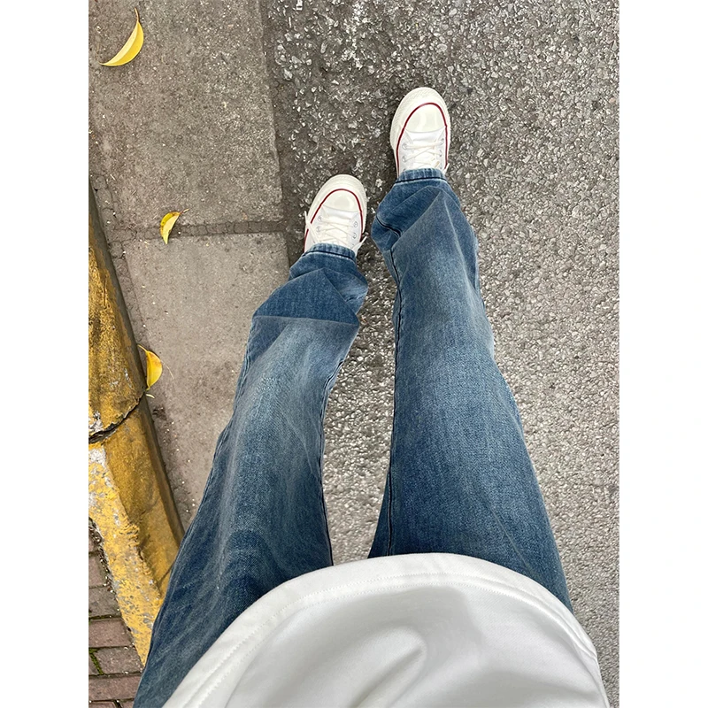 

Светло-голубые мужские джинсы прямого кроя для лета, в стиле High Street, эластичные, расклешенные, молодежные, модные, длинные брюки с высокой талией на молнии