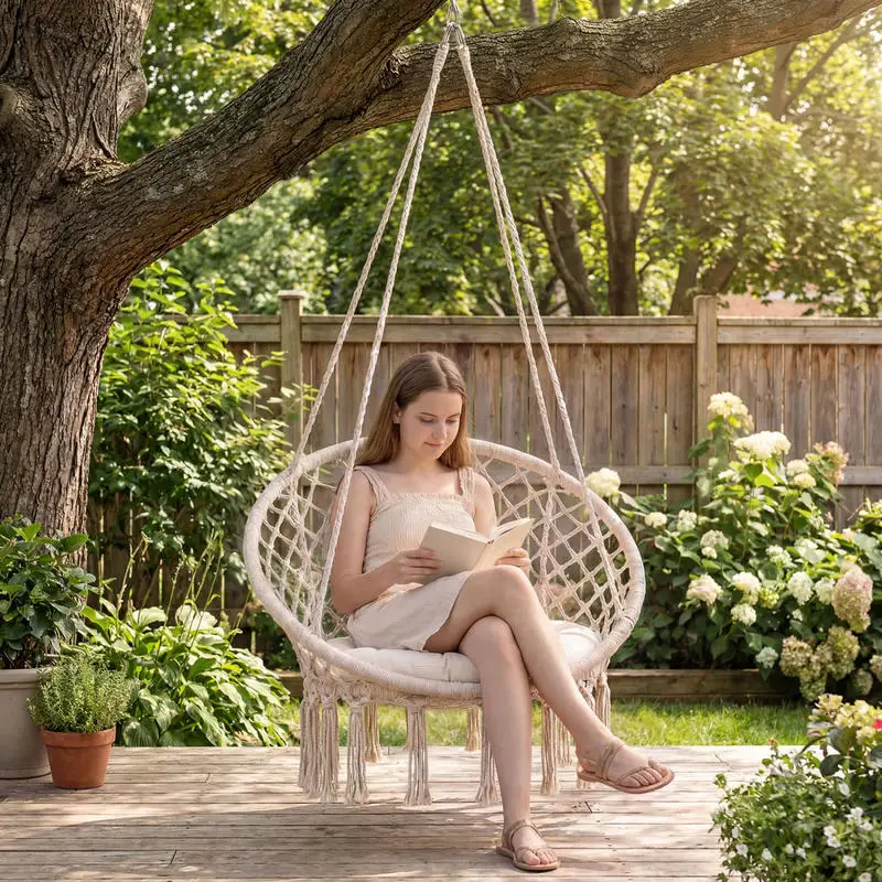 

Macrame Swing Chair Hammock Chair with Round Seat Cushion-Beige