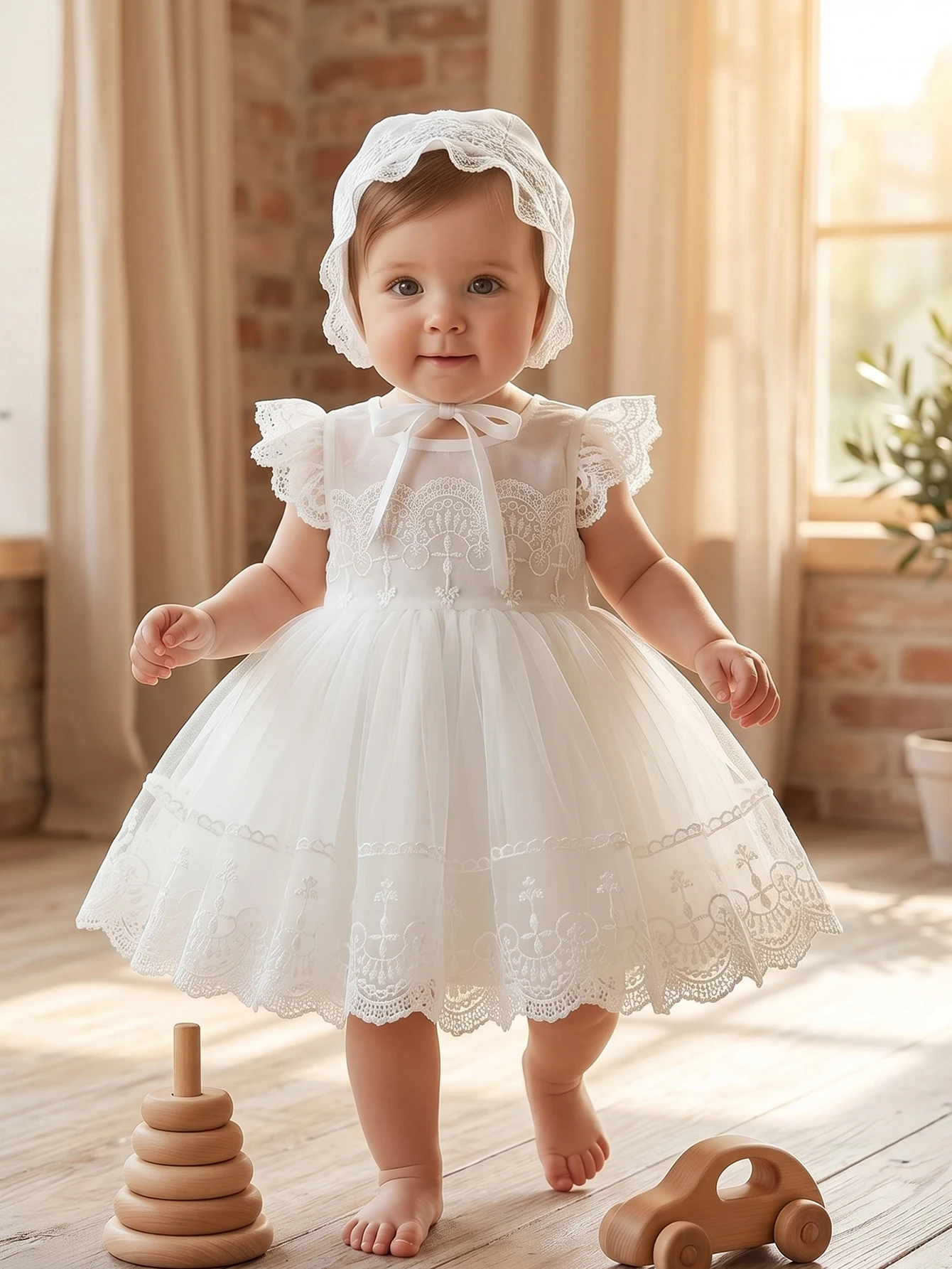 Elegant White Lace Baptism Gown for Infant Girls,Princess-Inspired Formal Attire Suitable for Baptisms,Wedding,Special Occasions