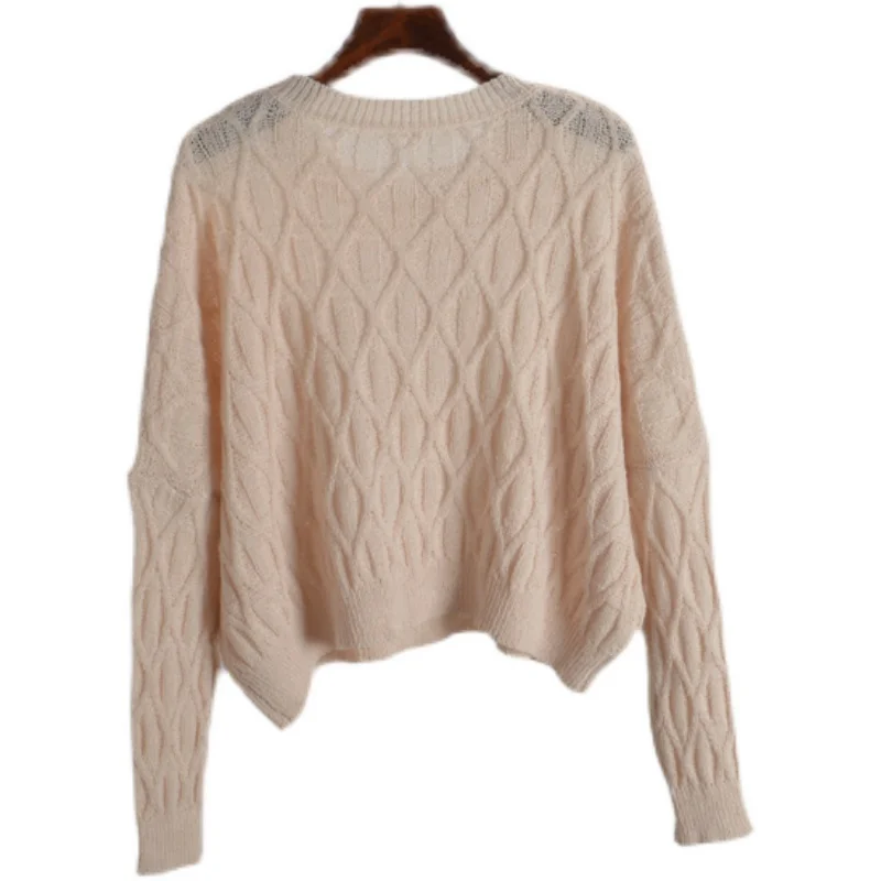 เสื้อถักไหมพรมทรงหลวม สีพื้น สวมใส่สบาย ทรงปกติ สำหรับผู้หญิง เหมาะสำหรับฤดูใบไม้ผลิและฤดูใบไม้ร่วง