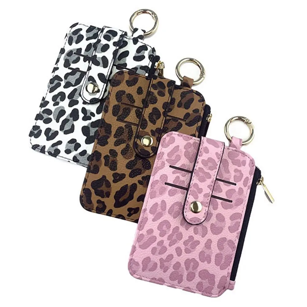 Leopard Print Credit Cards Holder PU Leather Multi-function Mini Coin Pocket Keychain Holder Multi-Cards Slot Zipper Coin Purse