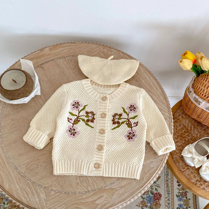 Autumn New 0-3 Year Old Baby Clothing Big Flower Embroidered Girl Baby Cute Cardigan Versatile All Cotton Long sleeved Cardigan