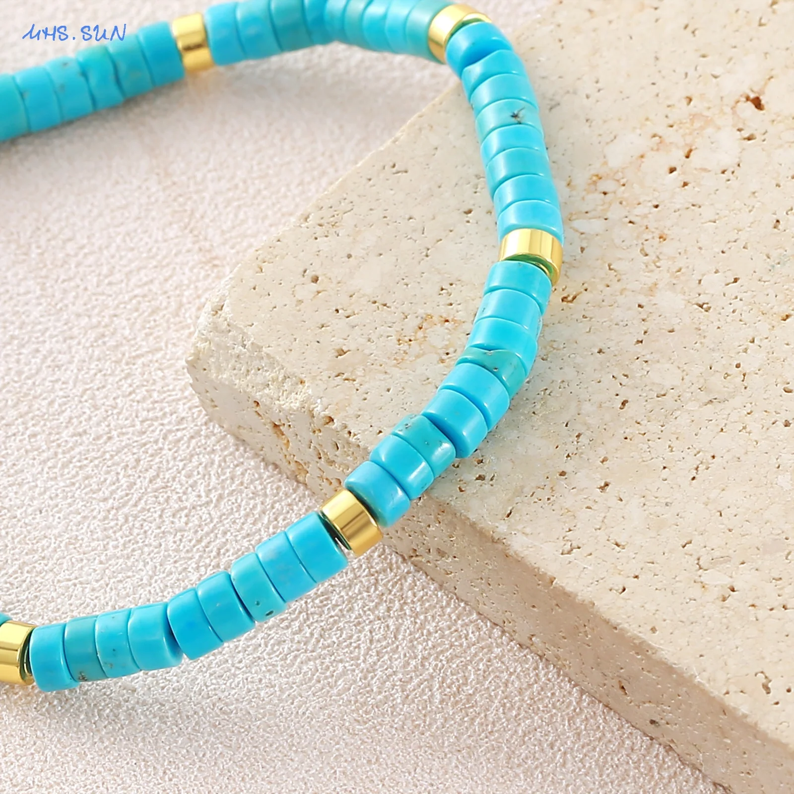 Fashion 4*2mm Natural Stone Blue Turquoise With Stainless Steel Spacers Adjustable Woven Bracelet Women Jewelry For Daily Wear