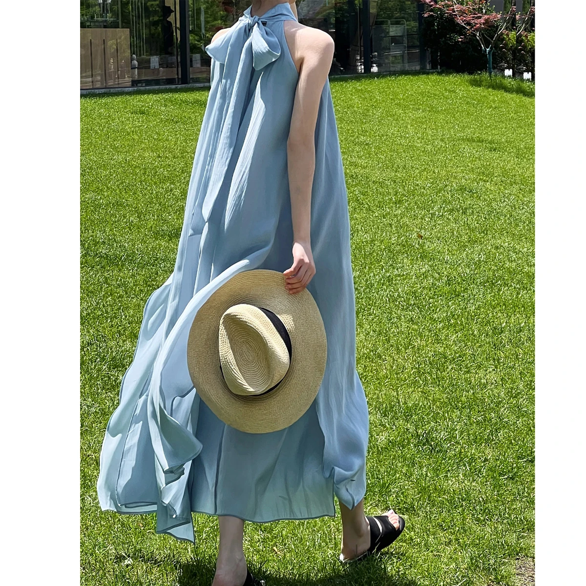 2025 New Arrival bez rękawów Halter Neck kobiety lato luźny styl linia A długa sukienka Boho elegancka sukienka Maxi Vestidos ubrania