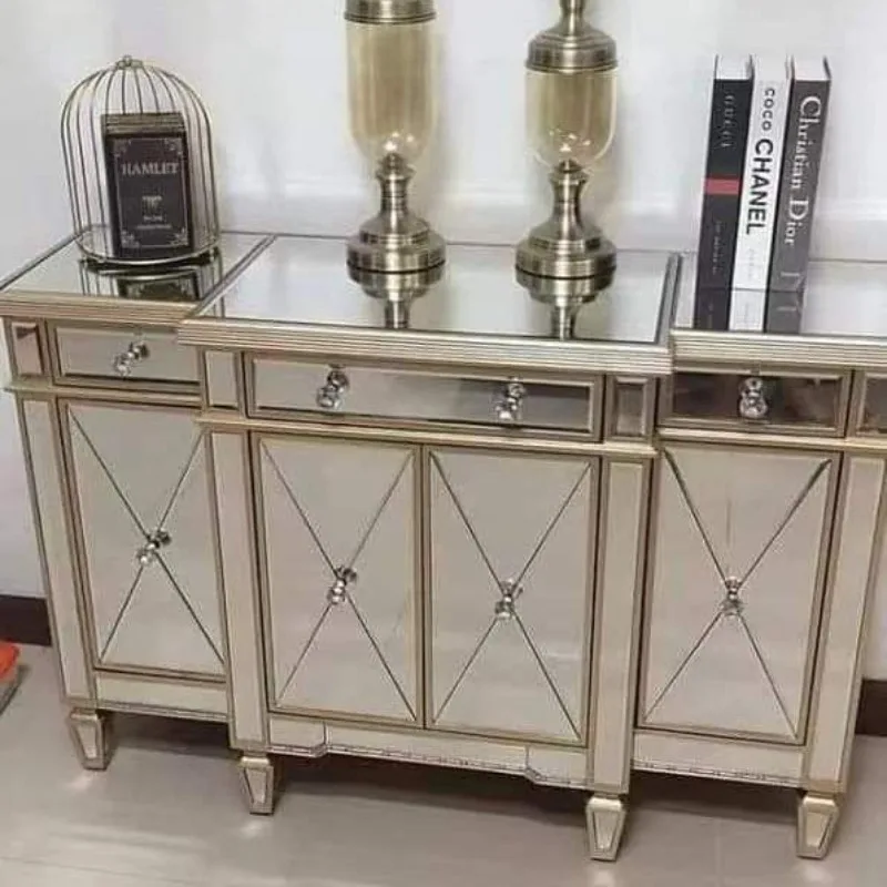 

Light luxury gold glass mirror, glass furniture entrance table, table storage and side cabinet