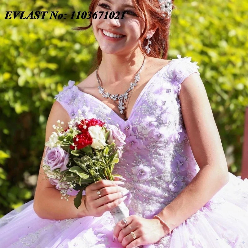 EVLAST индивидуальное сиреневое платье Quinceanera, бальное платье с 3D цветочной аппликацией, корсет с бисером, Sweet 16, Vestidos De 15 Anos SQ561