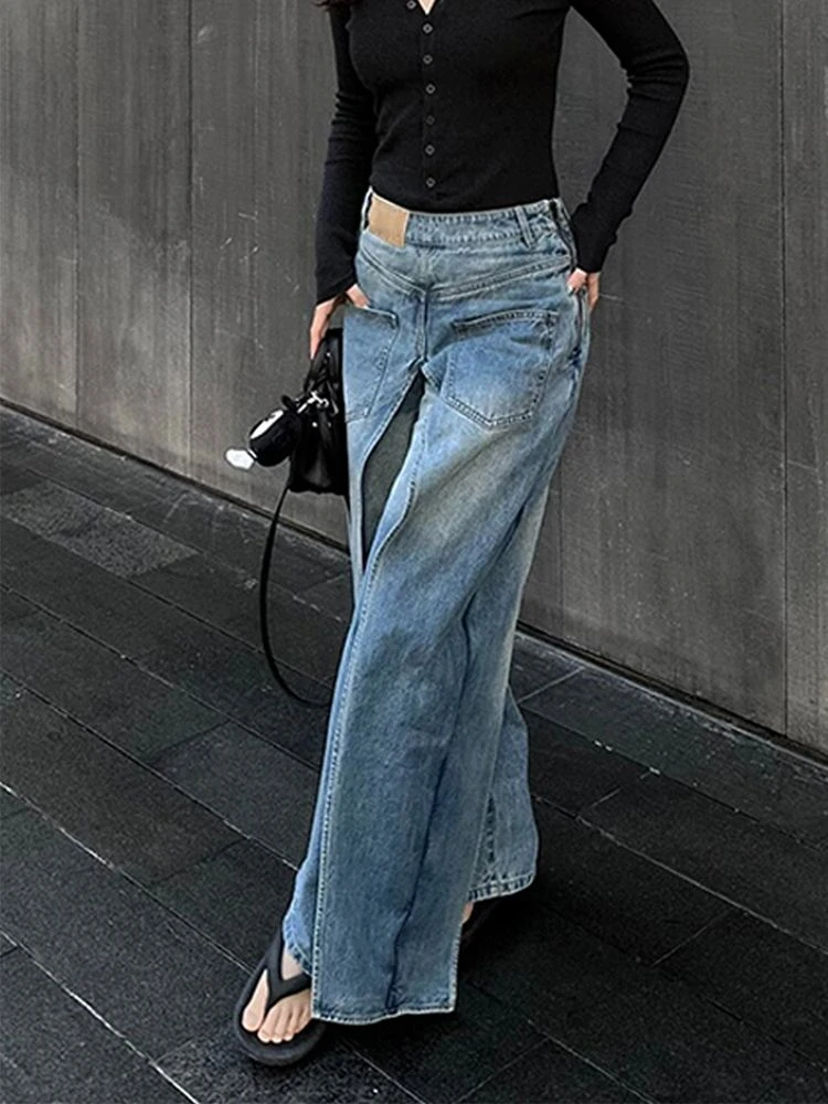 Women\'s Deconstructive Patchwork Design Jeans Wearing Both Front Back High Waisted Pants Female Loose Retro Denim Trousers