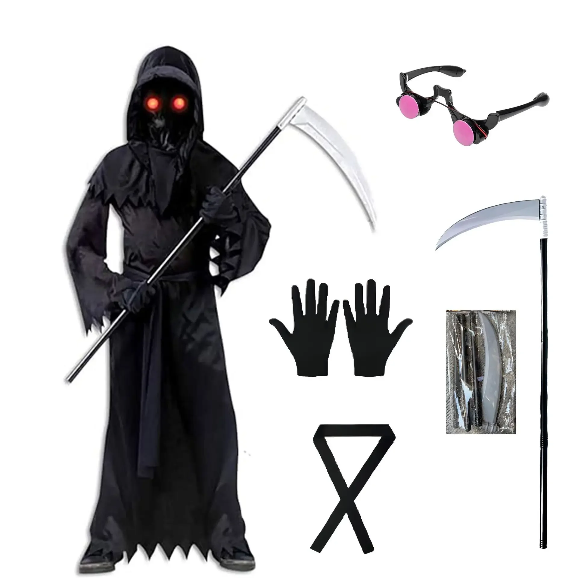 Bambino Horror Red Eye Grim Reaper Costume Scythe Devil Darkseid Ghost Cosplay Suit Halloween Hooded Party Dress guanti