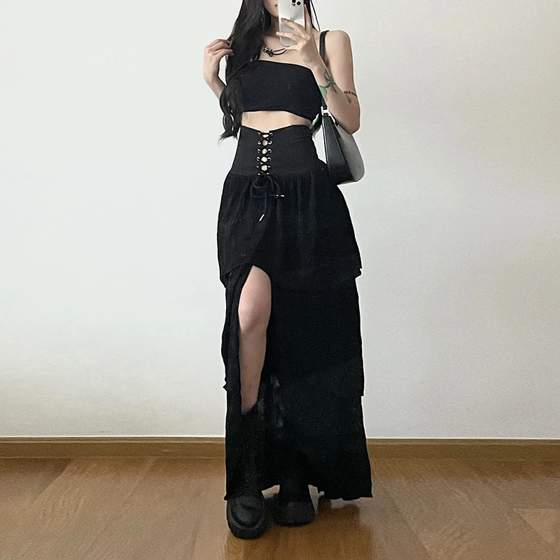 MEXZT Y2K Gonna lunga divisa nera Donna Harajuku Fasciatura gotica Gonne maxi irregolari Estate Vintage Grunge Design A Line Faldas