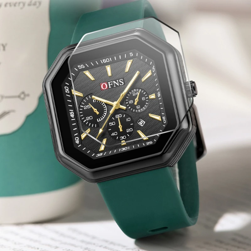 Ofns 1539 Quartz Men's Watch Square Fashion Simple Complete Calendar Luminous Steel Strip Watches For Men Relógio Masculino