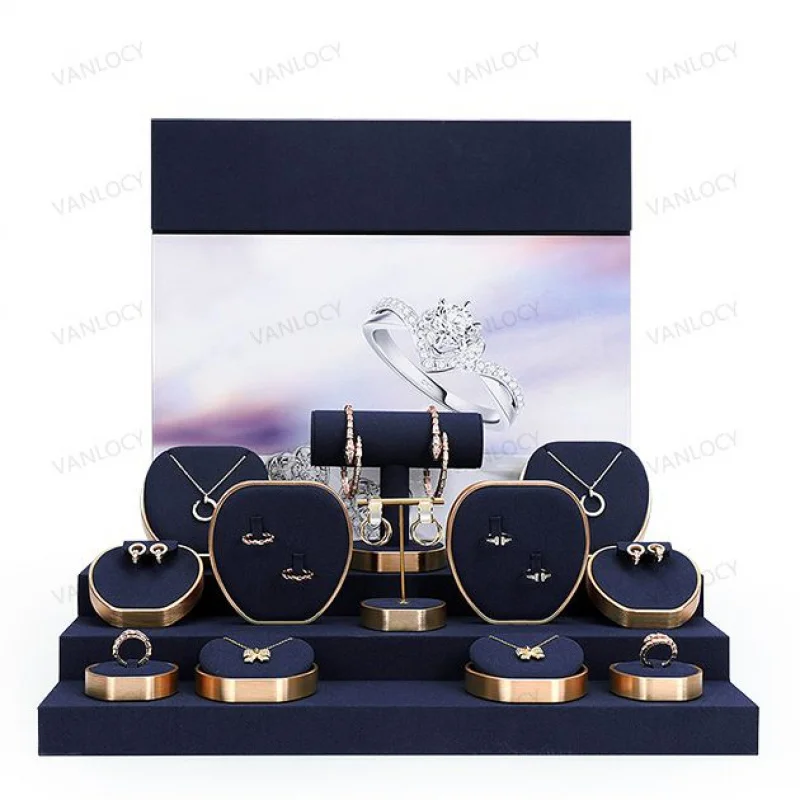 

Custom. vanlocy fashion blue metal jewelry displays for store luxury jewelry display props microfiber jewelry stand display set