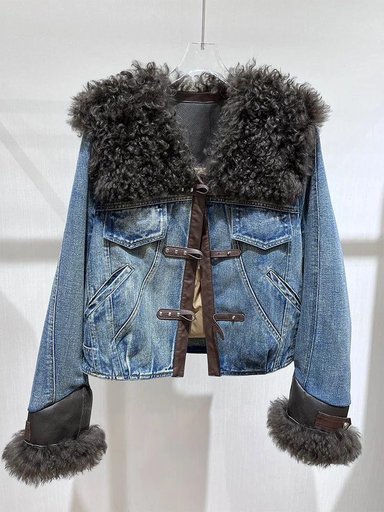 秋冬新作 レディース ホワイトグースダウンコート 天然本革ラムシープファー襟 アウター 高級女性用デニム パフジャケット