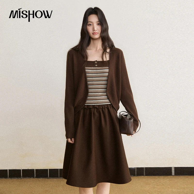 MISHOW Women's Clothing Sets 2026 Fall Brown Cardigan with Striped Camisole Two‑piece Set Daily Commuter Cozy Outfits MXF47T3361