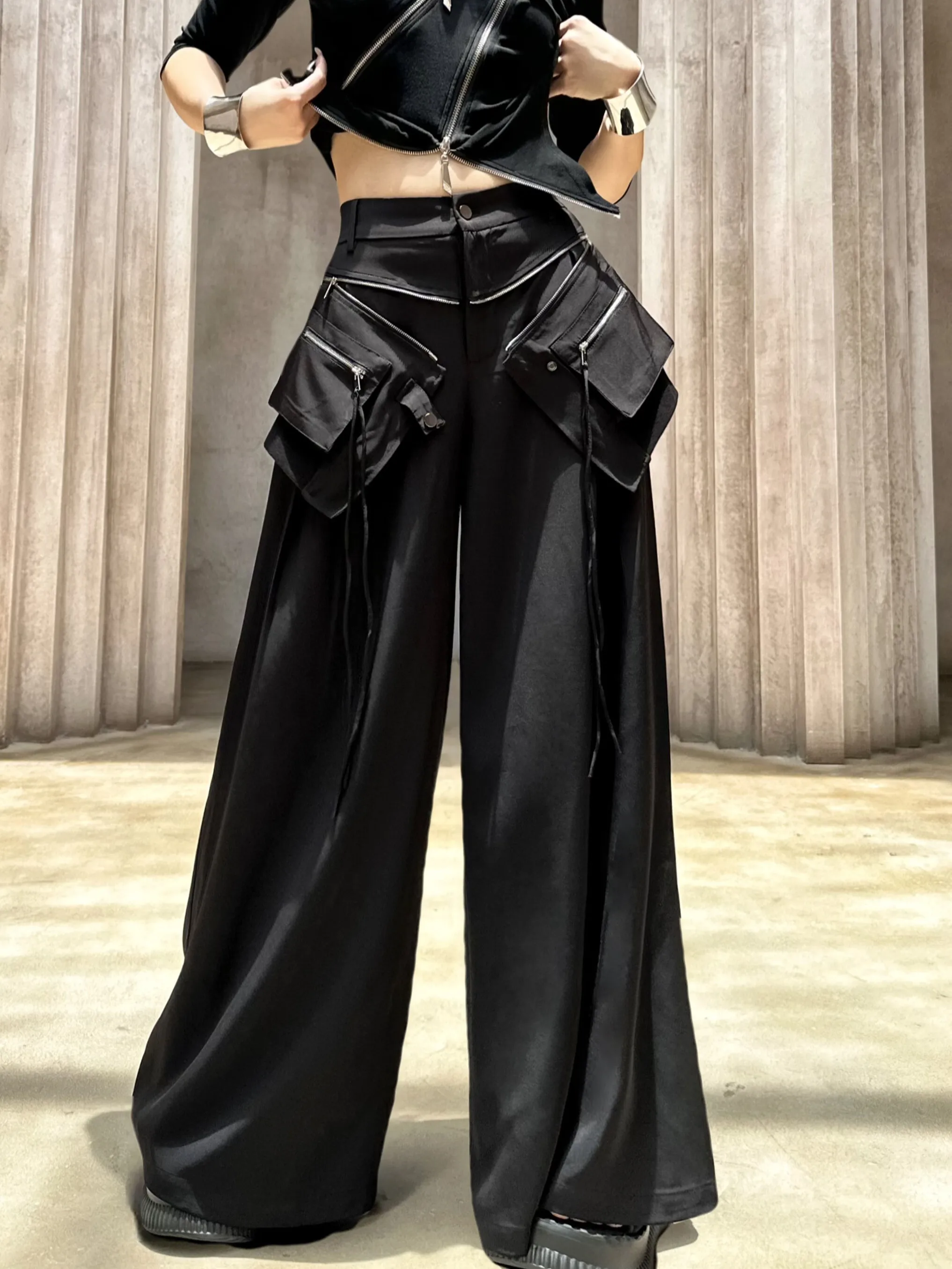 Blagirl Casual Bla Wide Leg Pants High Waist Zipper Closure Long Trousers with Detachable kets for Young Women