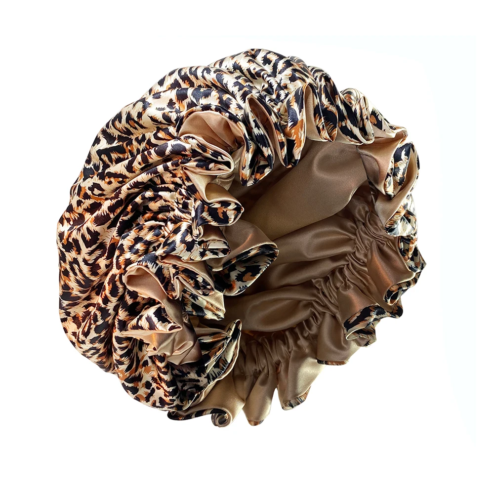 Họa Tiết Da Báo 2 Lớp Mềm Mịn Bonnet Có Thể Điều Chỉnh Dây Thun Satin Cao Cấp Nightcap Miễn Phí Vận Chuyển