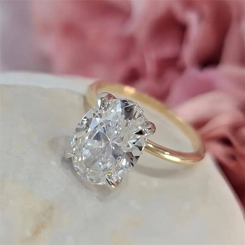 JY Jewelry 18K Yellow-White Real Gold Two Tones Ring 3.0CT Oval Cut Lab Grown Diamond Engagement Hidden Halo Women Diamond Ring