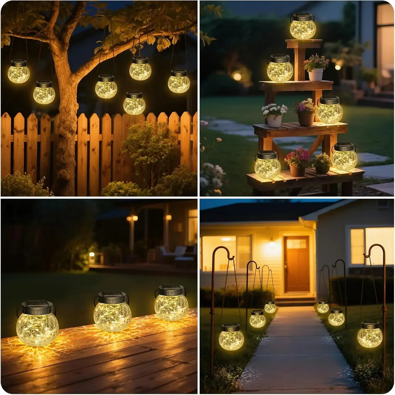 Solar Lanterns Outdoor Waterproof 18 Pack, Hanging Solar Lights with 30 LED, Cracked Glass Hanging Globes for Garden Patio Fence