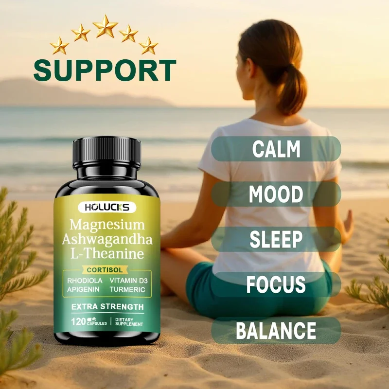 HOLUCKS Magnesium & Ashwagandha Capsules with L-Theanine, Support Healthy Sleep, Calm Mood & Stress Relief & Muscle Recovery