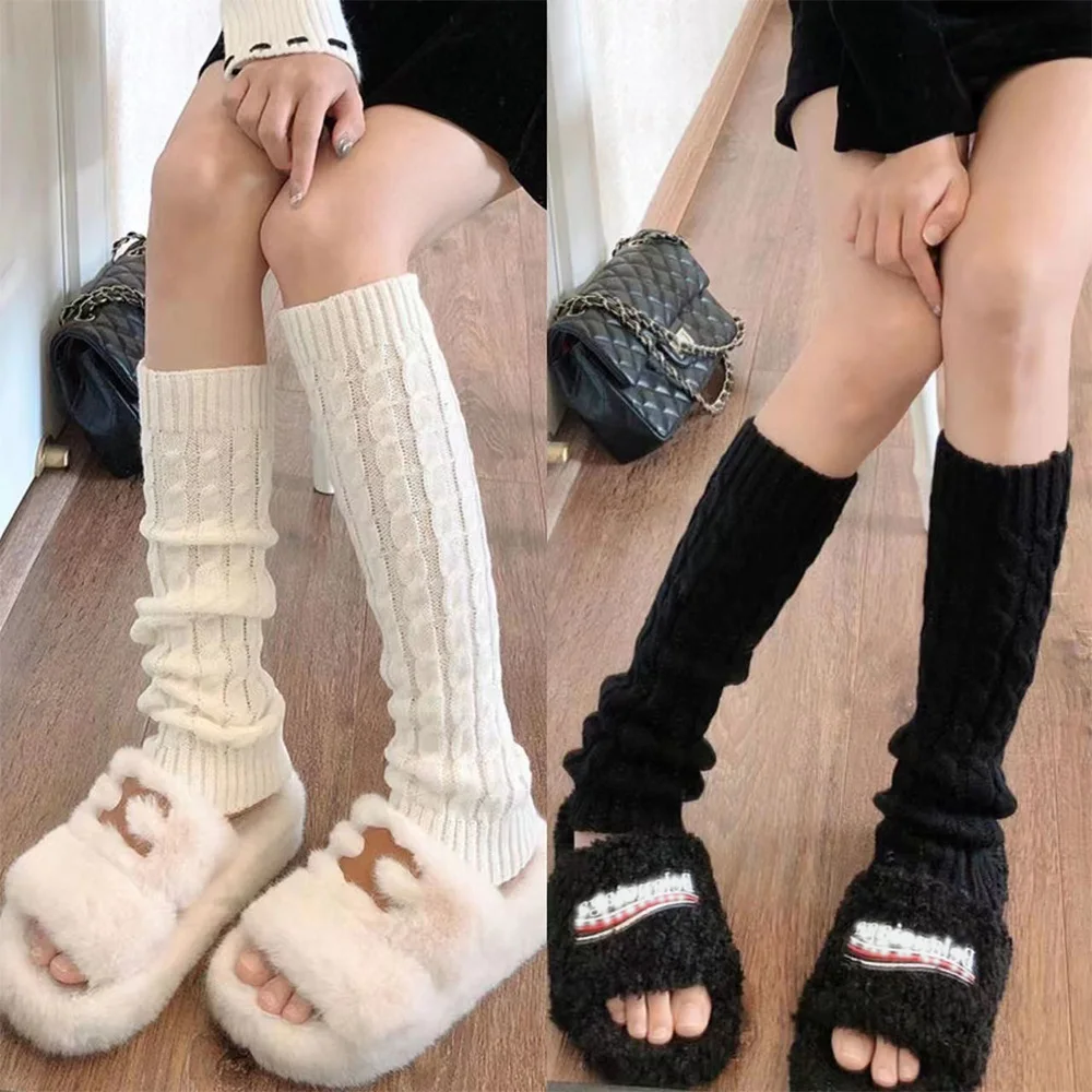 Y2K Woman Leg Warmers Autumn And Winter Fleece Black White Knee Warmers Long Socks JK Knitted Foot Cover Girl White Leg Sleeve