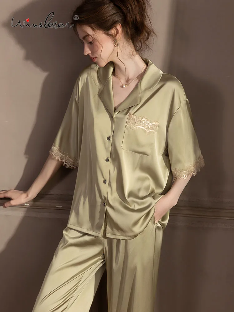

Winsleter- Sexy Women 2 Piece Pajamas Set, Lace Patchwork, French Simplicity Soft Short Sleeve Homewear, 2026 Spring S5D638CC