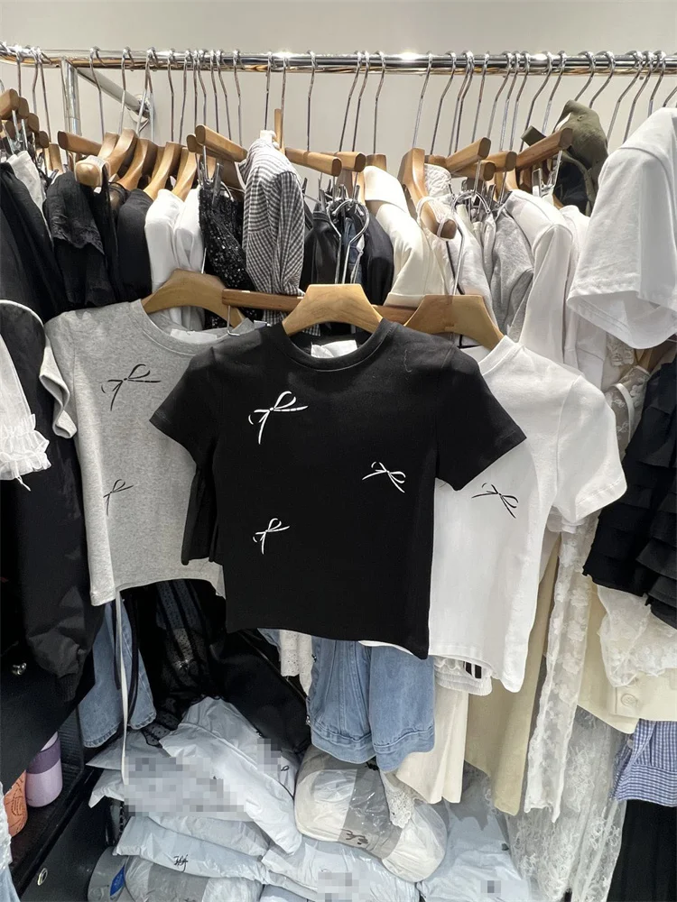 Camiseta de Verano para Mujer, Estilo Coreano, Dulce y Picante, Cuello Redondo, Manga Corta, Diseño con Nudo, Corte Ajustado, Algodón y Poliéster