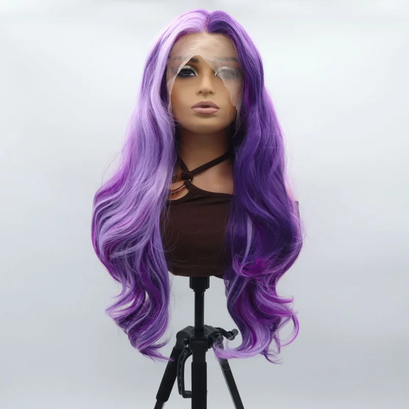 

Hand-crafted lace front wig for women, middle parting, purple, large wavy long curly hair, matte high-temperature fiber, full he