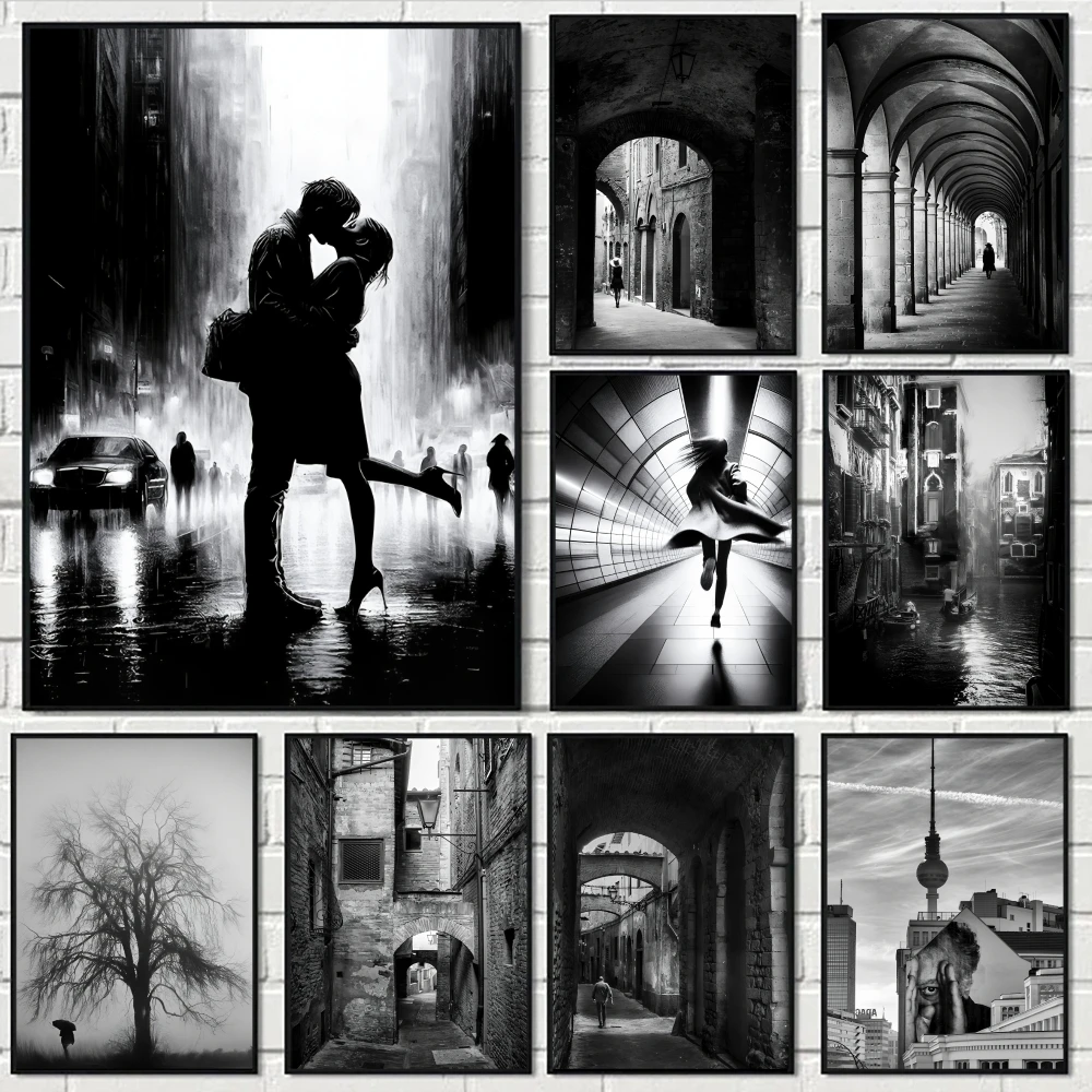 Black and White City Corner Poster Perfect Space Sticker Self Adhesive for Office Home Theater Wall Art Decor Fancy Gift