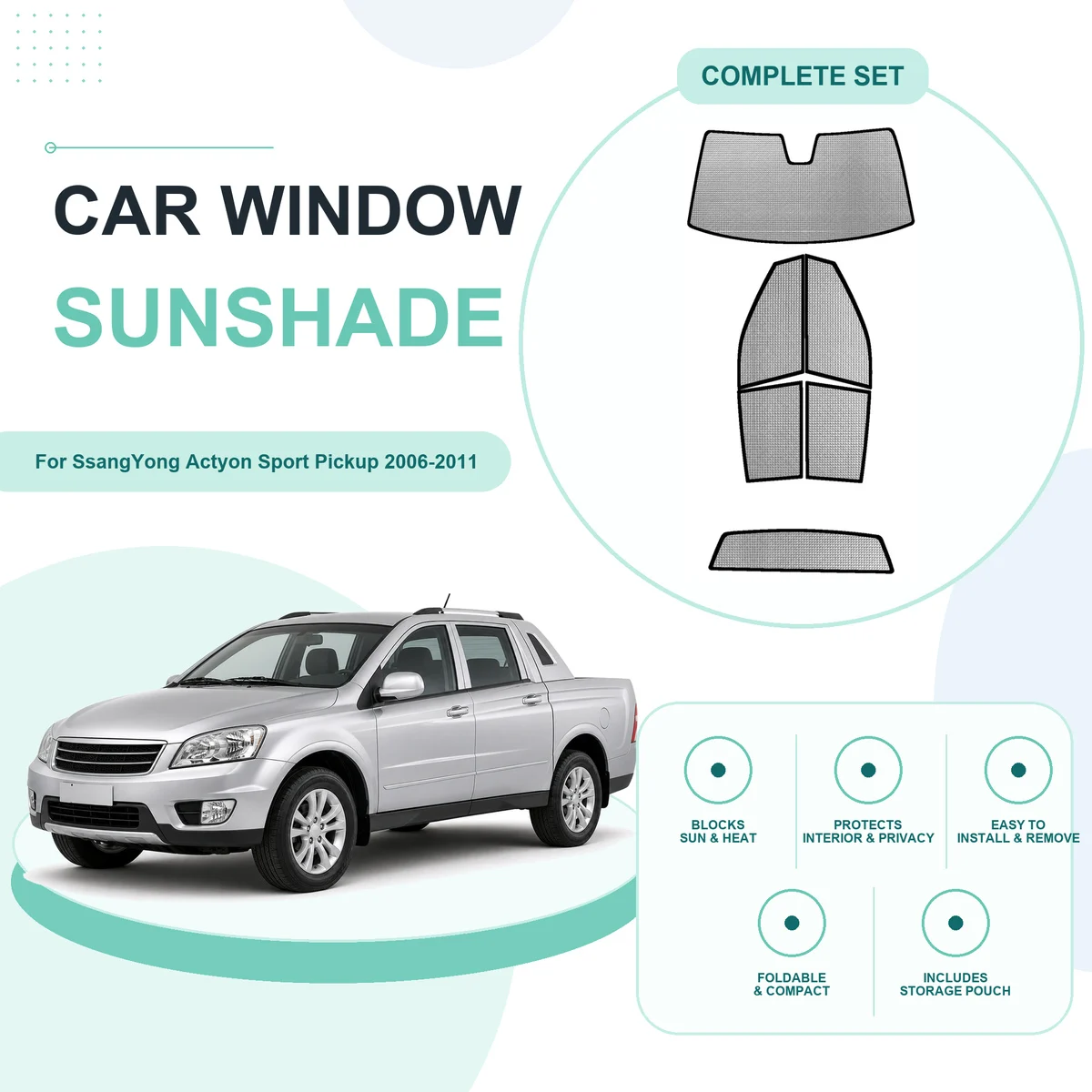 For SsangYong Actyon Sport Pickup 2006-2011 Custom Full Set Window Sunshades Aluminum Foil Suction Cup Anti UV Privacy