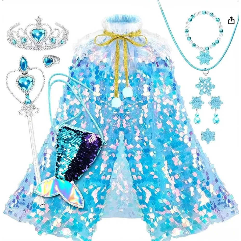 Children Mermaid Shiny Sequin Cape Iridescent Glitter Cloak For Kid Princess Dress Up Outfit Halloween Party Outdoor Photo Props