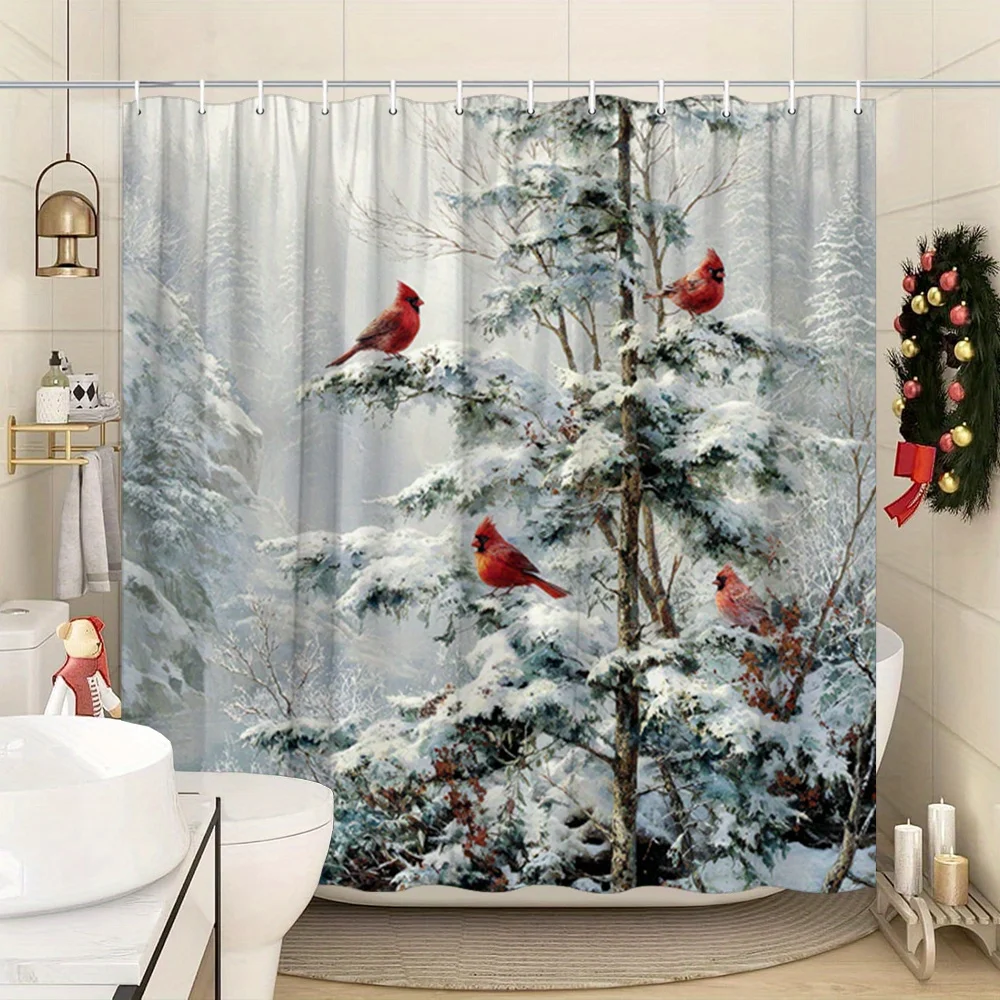1pc Winter Cardinal Shower Curtain,Red Birds Snow Forest Christmas Tree Gift Boxes, With Hooks, Christmas Festive Bathroom Decor