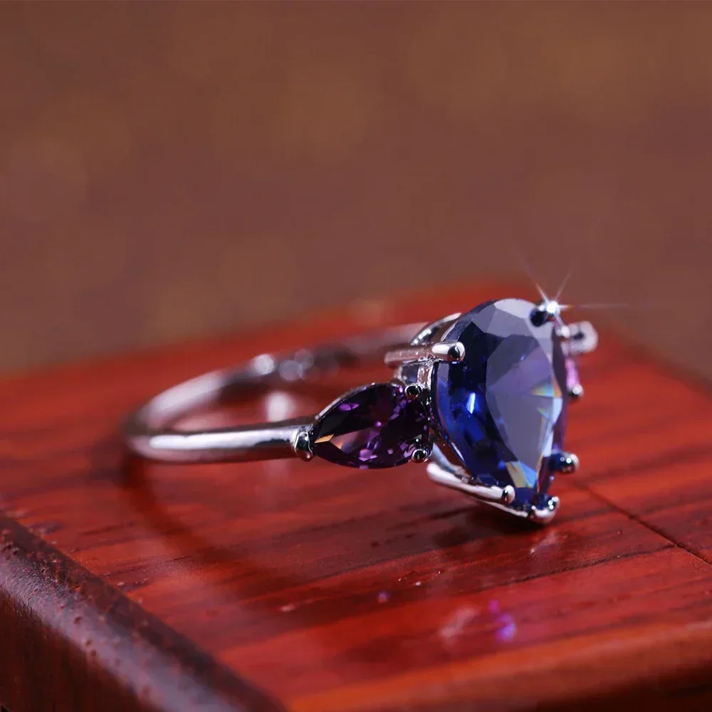 2026 Tear Drop Ring for Women Bright Blue Purple Stone Pear Shaped Wedding Engagement Jewelry