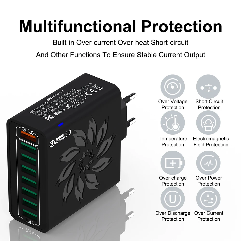 8 Ports USB Charger Quick Charge EU US KR Plug 150W Fast Charger For Phone Adapter For iPhone Samsung
