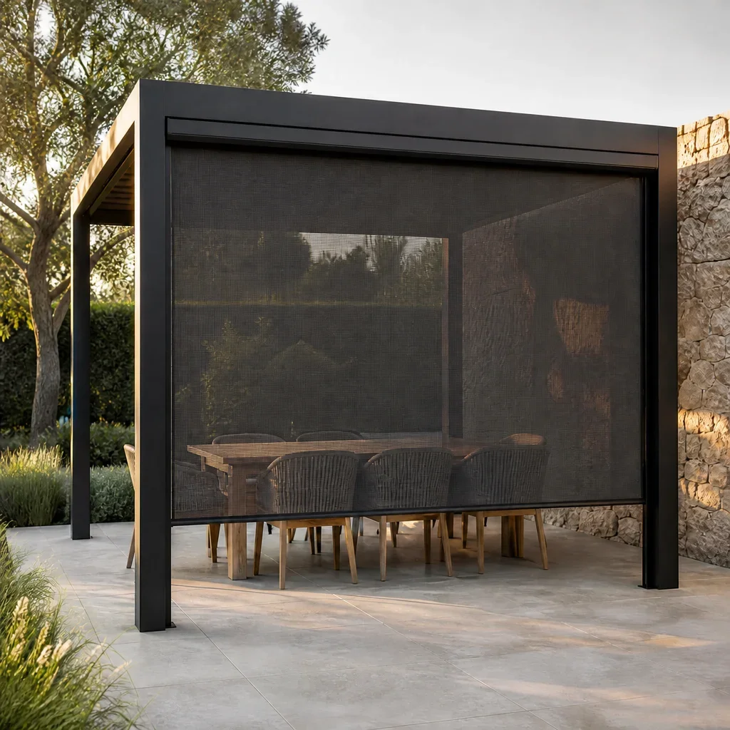 Side Track Outdoor Blinds. Windproof sealed system. Waterproof fabric. UV & weather protection. Perfect for patios. Custom fit.