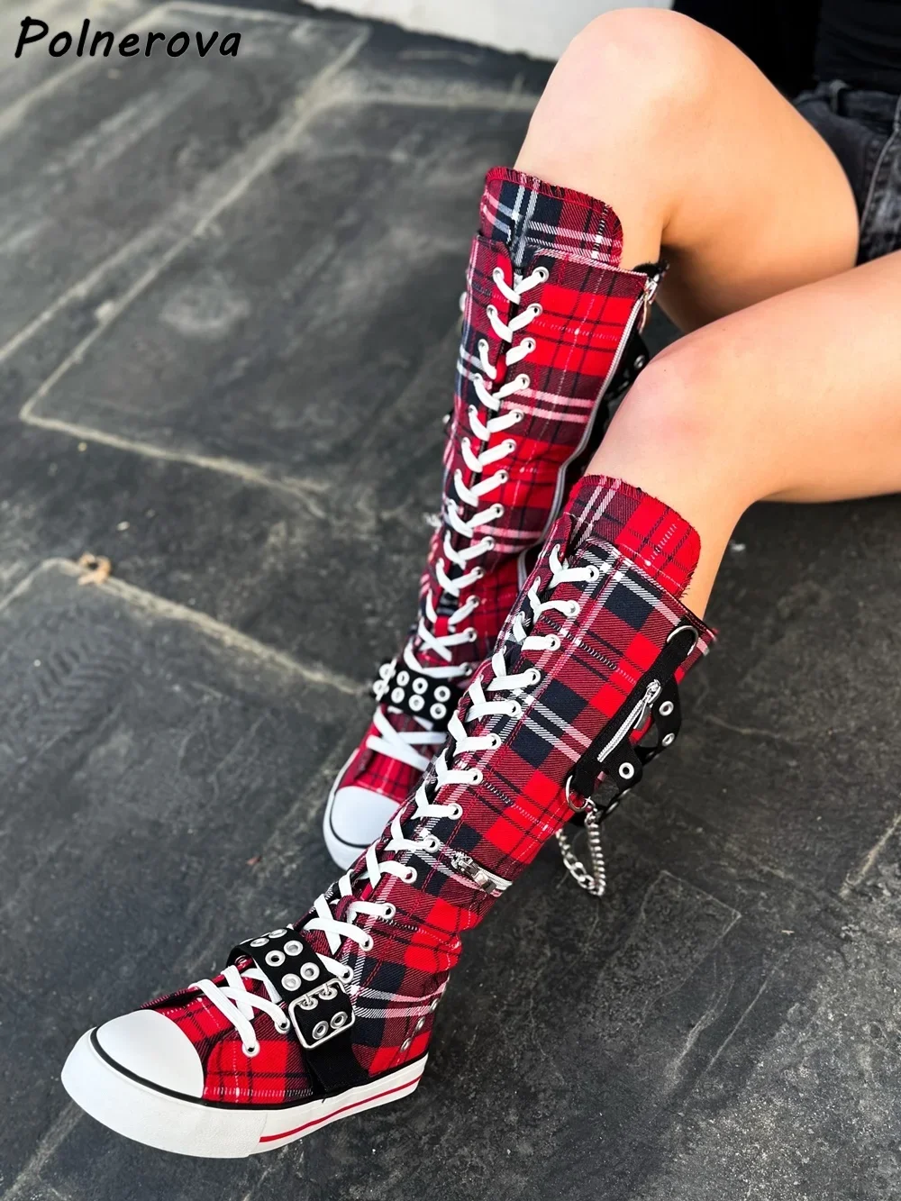 Flat Canvas Metal Chain Boots Round Toe Stripes Cross Tied Lace Up Knee High Boots Women's Fashion Mixed Color Leisure Shoes image 6