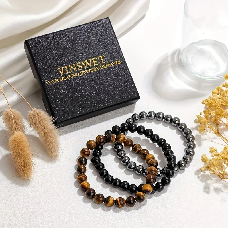3 Pcs/Set Bohemian Gemstone Bracelet Women Men Wealth & Love Tiger Eye Black Obsidian Hematite Bead Bracelet Lucky Success Gift