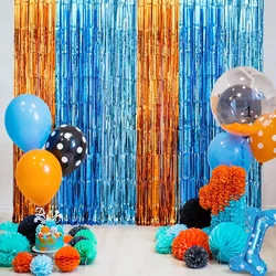 Blue Dog Party Decorations Orange Light Blue Foil Fringe Curtains Orange Tinsel Photo Booth Prop for Blue Dog Birthday Backdrop