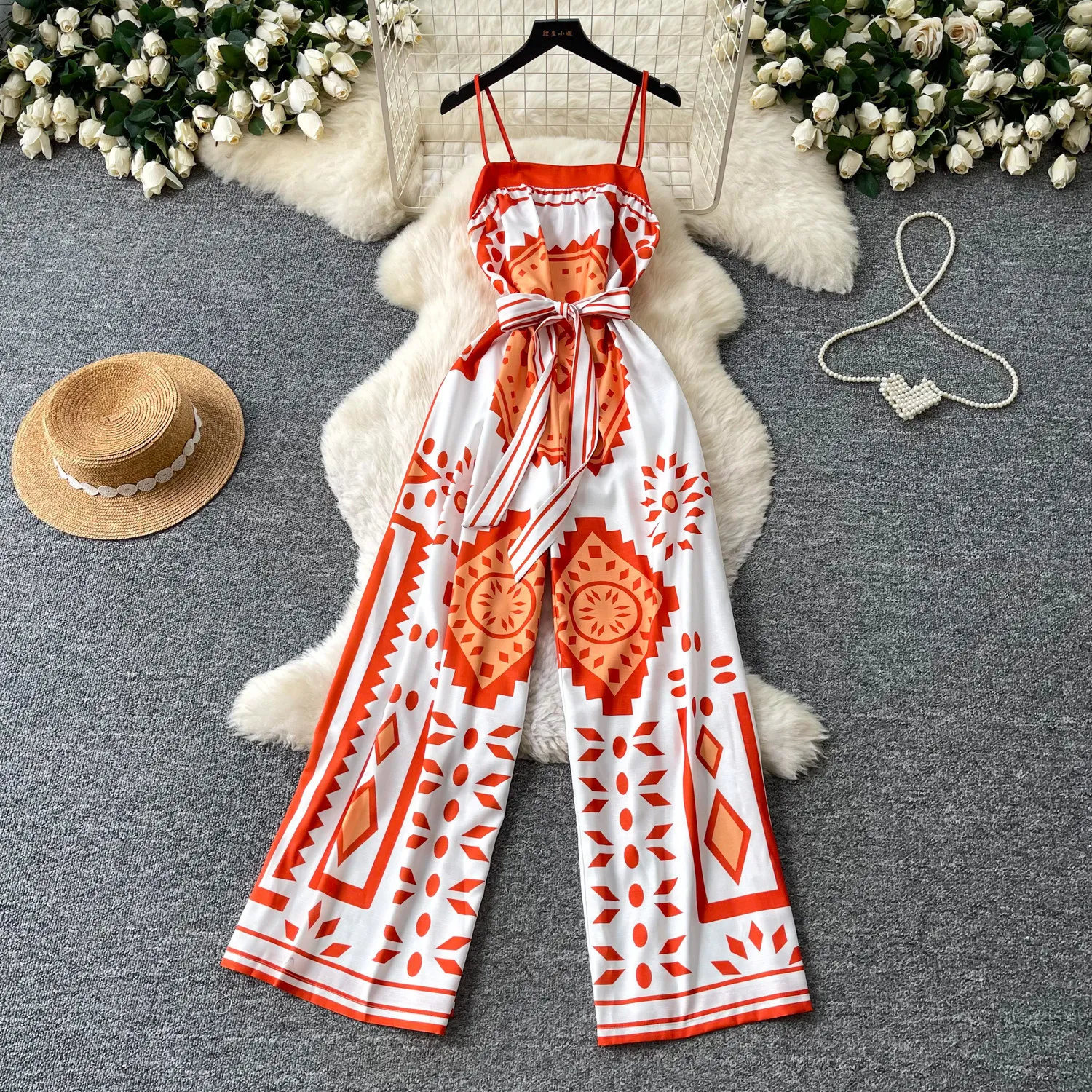 

Women Print Jumpsuits Lace Up Rompers Ankle Lenth Sleeveless Cami High Waist Wide Leg Pants Loose Office Lady Casual 2026 Summer