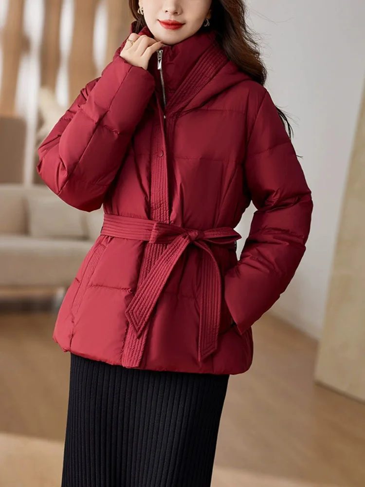 2023 Winter Women\'s Down Jackets Ultra Light Warm Casual Coat Female Puffer Jacket With a Belt Plus Size Hooded Parka Overcoat