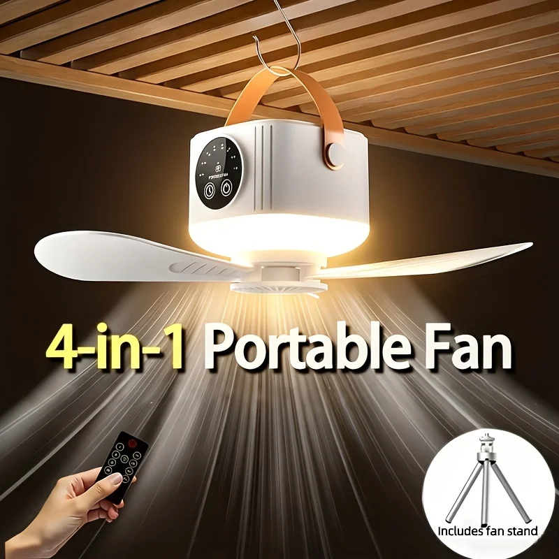 USB Charging Camping Fan with Light Silent Tripod Adjustable Speed Brightness Detachable Blades Portable for Outdoor Tent Bedroom Dormitory Travel