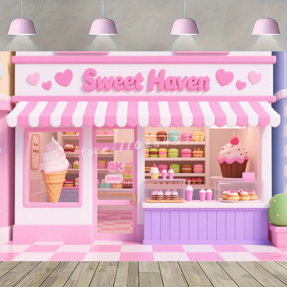 Cute Sweet Haven Dessert Shop Background Pink Ice Cream Cupcake Macaron Scene Backdrop Children Party Decor Photography Studio