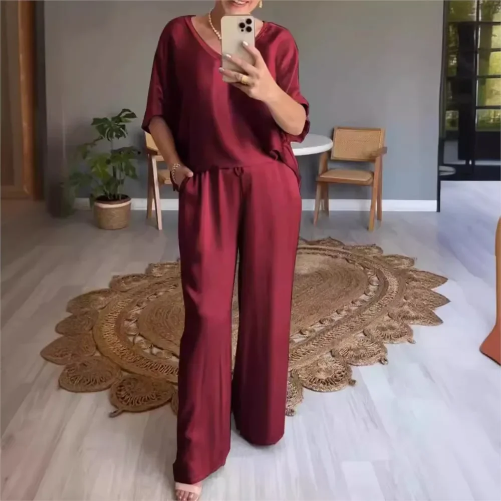 Elegant Solid Color Satin Women Suit 2024 Summer Autumn Short Sleeves Loose T-shirts Elastic Waist Wide Leg Trousers 2 Piece Set