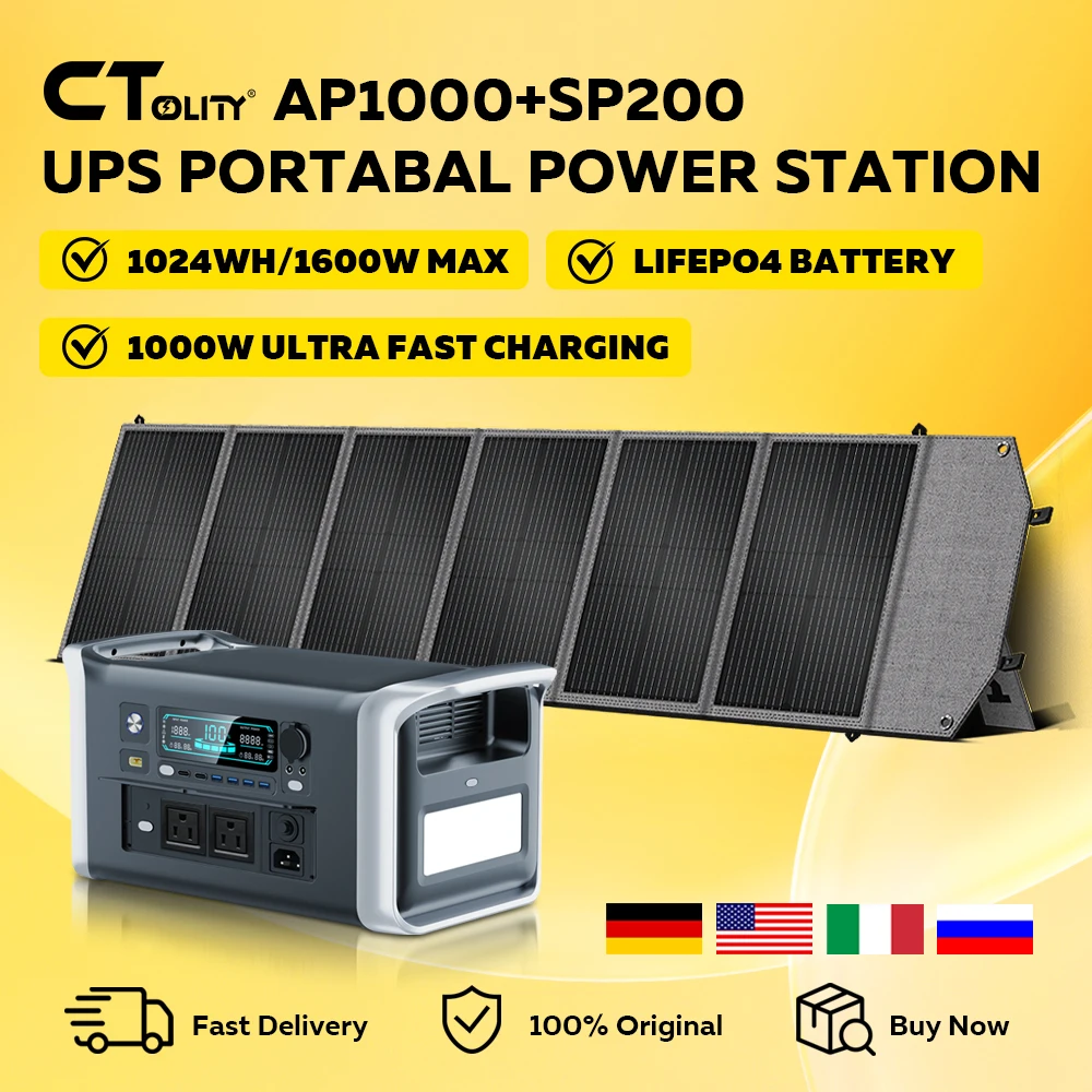 

CTOLITY AP1000 Солнечный генератор 1600 Вт Lifepo4 и 200 Вт Новая солнечная панель Солнечная быстрая двойная зарядка RV На открытом воздухе Кемпинг Путешествия Blackou
