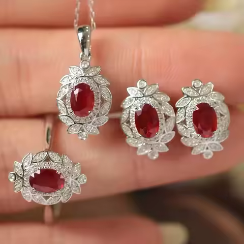 silver 925 inlay full of diamonds leaves ruby jewelry sets fresh red gemstone wedding necklace ring light luxury earrings