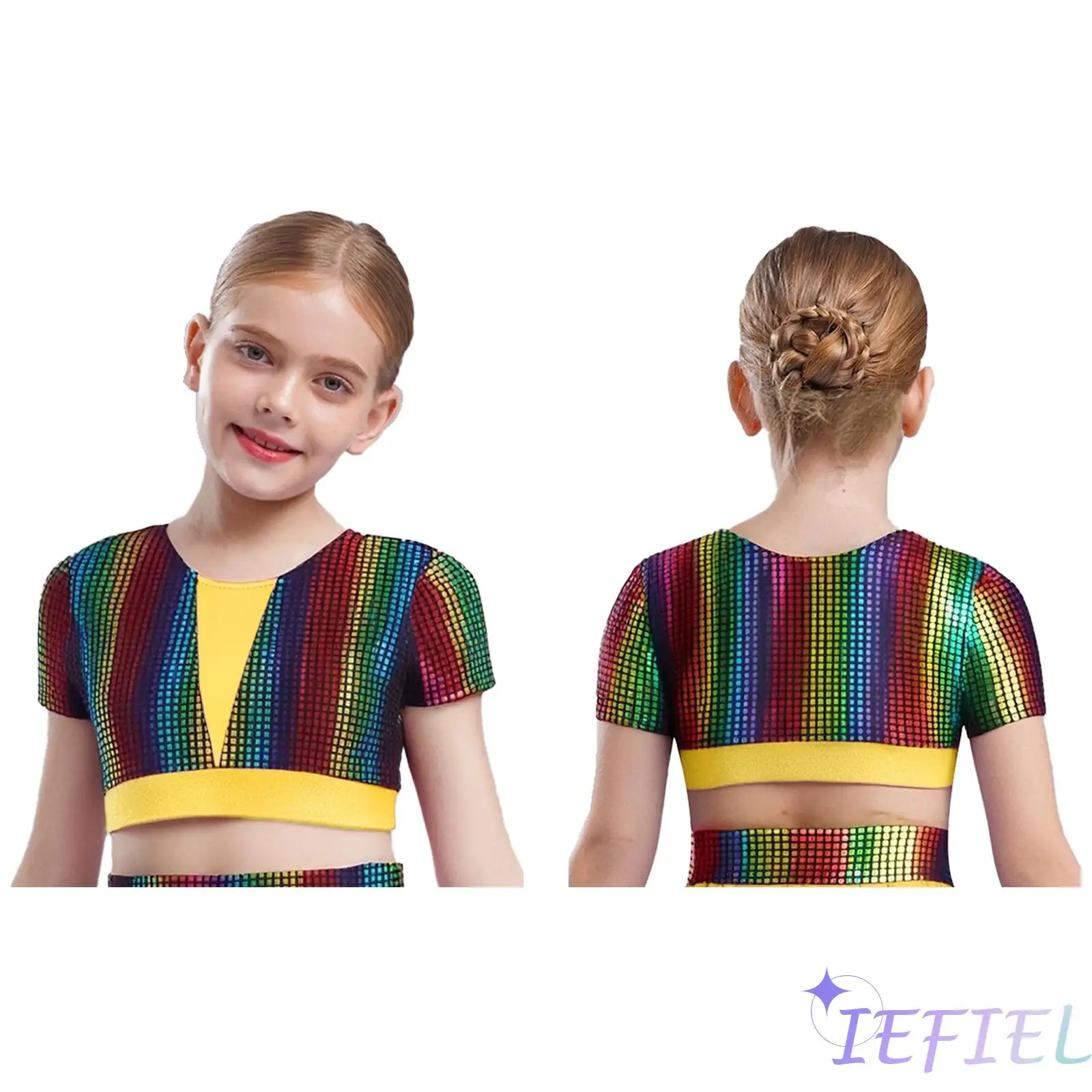 

Girls Round Collar Short Sleeves Color Block Square Metallic Crop Top Dance Outfits for Jazz Dance Competition Stage Performance