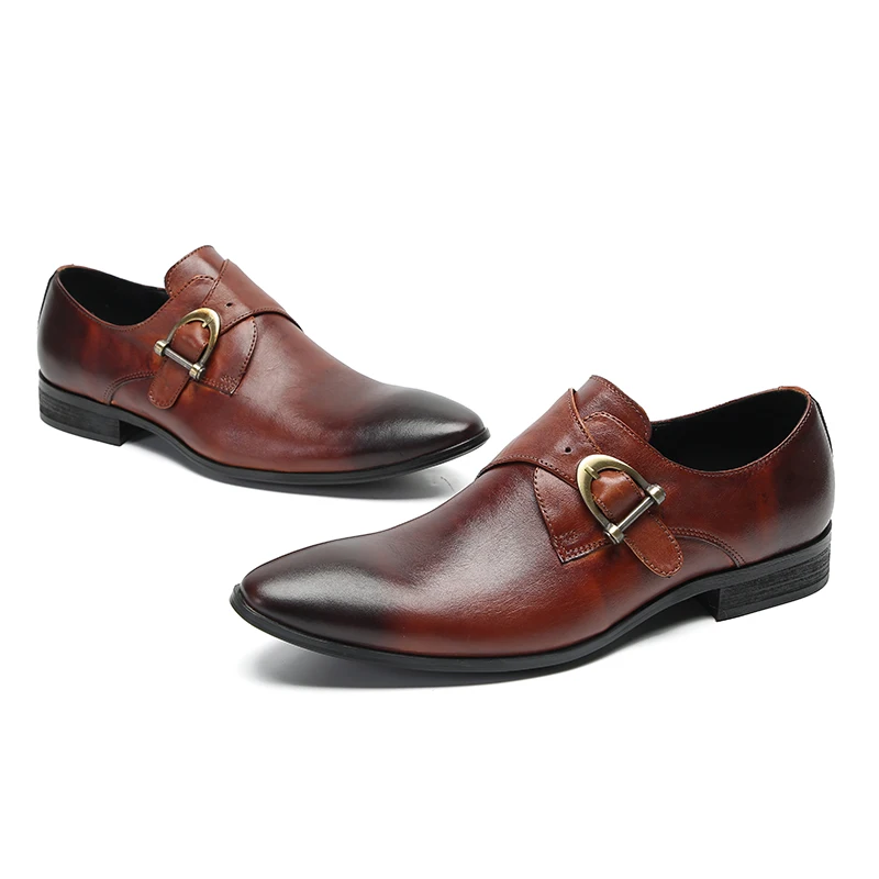 british men real leather oxford shoes large size pointed toe buckle strap business brogue shoes male party formal dress shoes