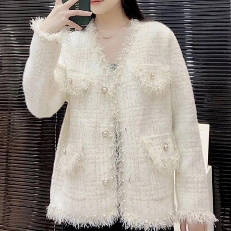 

Beaded tassel knitted cardigan women early spring small stature temperament luxury sense long sleeve cardigan female coat top