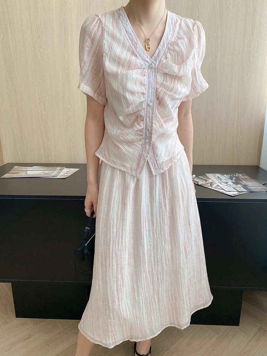 

2025 Summer Women's Skirt Suit V-neck Short Sleeved Shirt+high Waisted Midi Skirt 2 Piece Set Casual Solid Color Outfits