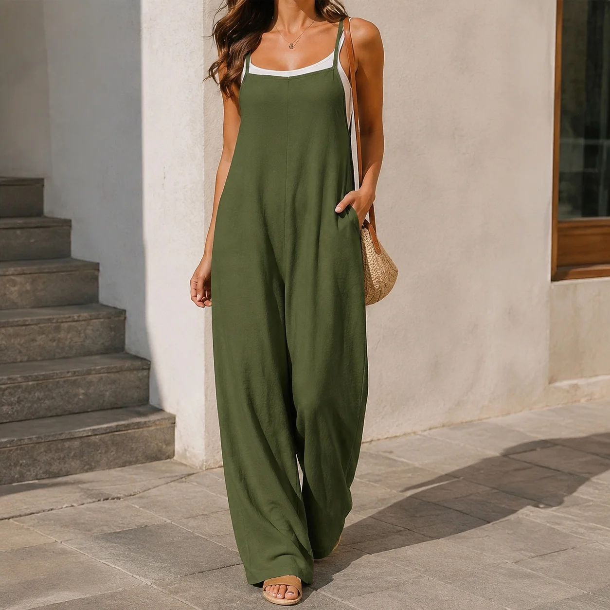 Pocket Pockets Romper Mid Waist Elegant Commuter with Straight Leg Summer No Stretch Sleeveless Medium Weight Overalls for Women