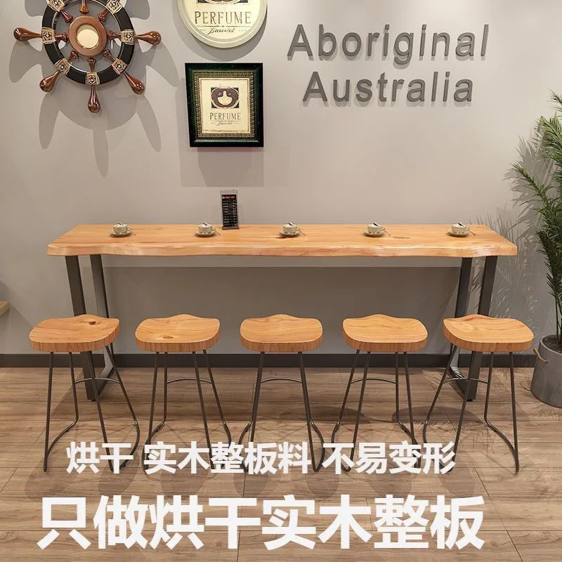 Solid wood bar table against the wall Long tableCommercial bar Qingba milk tea shop Balcony table and chair combinat