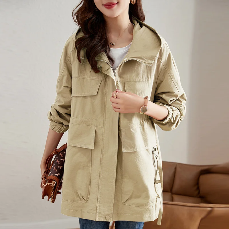 Trench coreano con cappuccio per donna 2024 primavera autunno capispalla femminile medio-lungo Casual con coulisse in vita giacca a vento